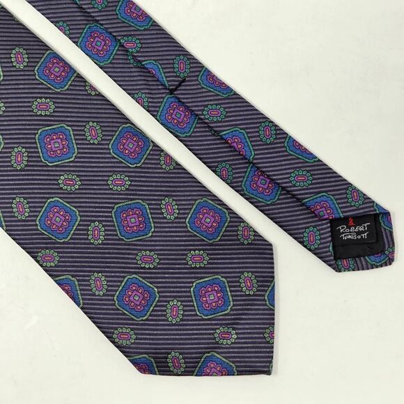 ROBERT TALBOTT BEST OF CLASS SILK TIE GRAY BLUE GEOMETRIC SATIN 3.25" X 56" - Picture 1 of 3